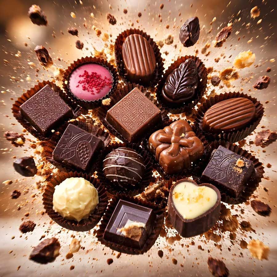 Chocolates variados salpicando cacao en polvo, con piezas rellenas y en forma de corazón sobre un fondo blanco