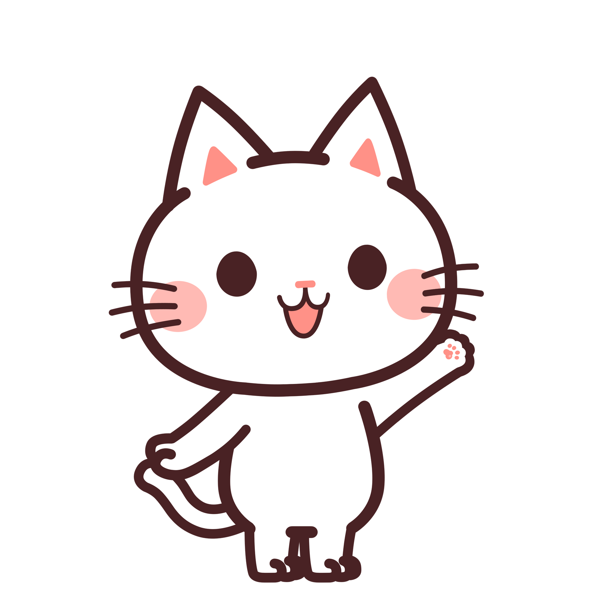 Chat blanc de dessin animé qui fait coucou, avec une joue rose et la bouche ouverte.