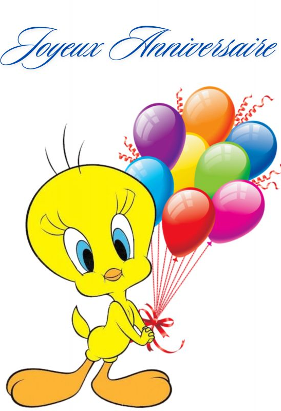 Titi tenant des ballons colorés ; texte Joyeux Anniversaire