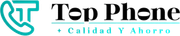 Logotipo de Top Phone con un icono de un auricular de tel&eacute;fono de color turquesa y el eslogan "+ Calidad Y Ahorro" en texto turquesa.
