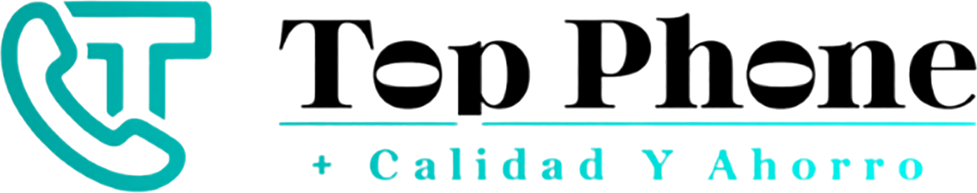 Logotipo de Top Phone con un icono de un auricular de tel&eacute;fono de color turquesa y el eslogan "+ Calidad Y Ahorro" en texto turquesa.