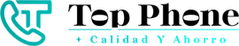 Logotipo de Top Phone con un icono de un auricular de tel&eacute;fono de color turquesa y el eslogan "+ Calidad Y Ahorro" en texto turquesa.