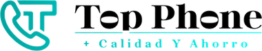 Logotipo de Top Phone con un icono de un auricular de tel&eacute;fono de color turquesa y el eslogan "+ Calidad Y Ahorro" en texto turquesa.