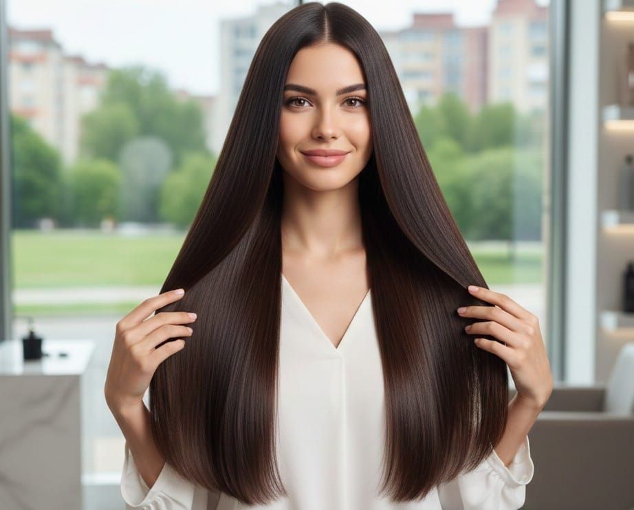 Mujer recibiendo un peinado de una persona con delantal negro. Entorno de salón de belleza.
