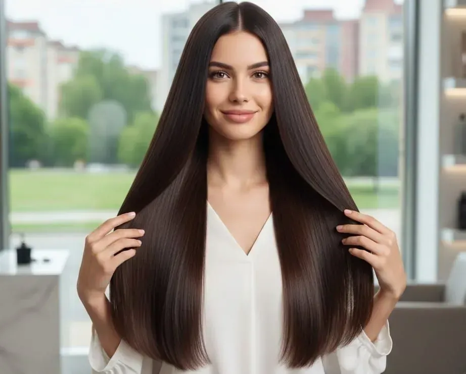 Mujer recibiendo un peinado de una persona con delantal negro. Entorno de salón de belleza.