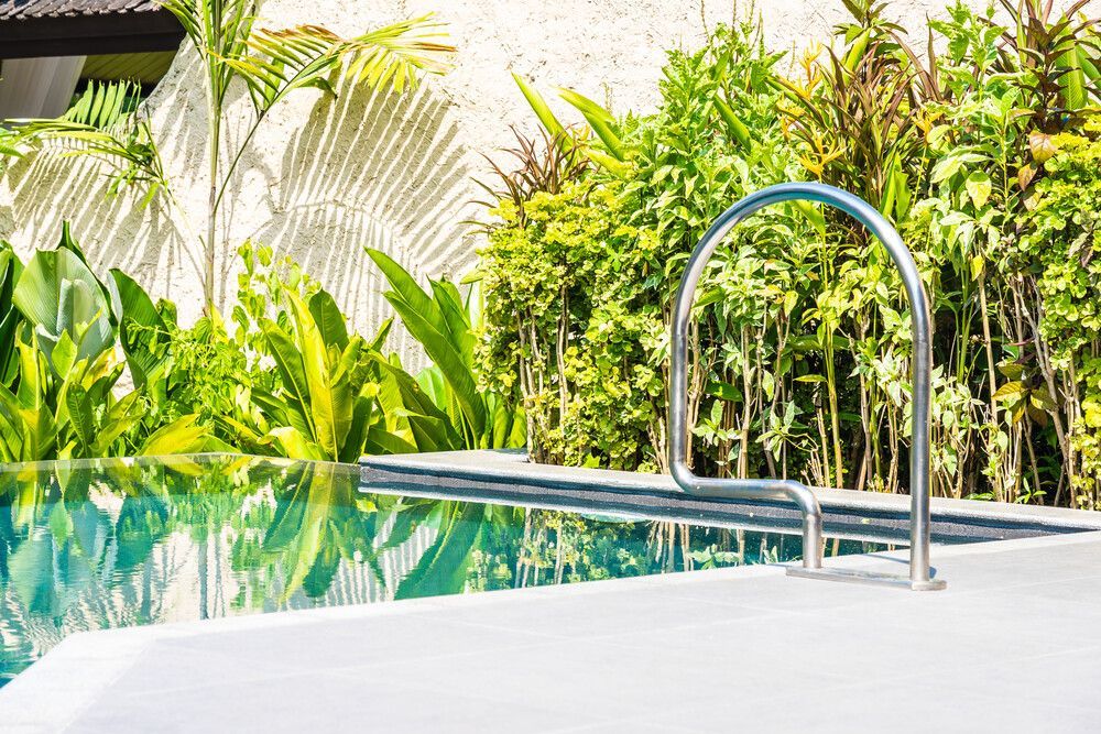 Una piscina con una escalera que conduce a ella rodeada de árboles.