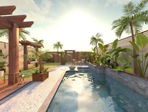 Impresión artística de una piscina rodeada de palmeras.