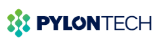 Un logotipo azul y verde para Pylontech sobre un fondo blanco.