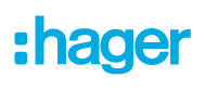 El logotipo de Hager es azul y blanco sobre un fondo blanco.