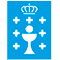 Un logotipo azul y blanco con una corona y un cáliz.