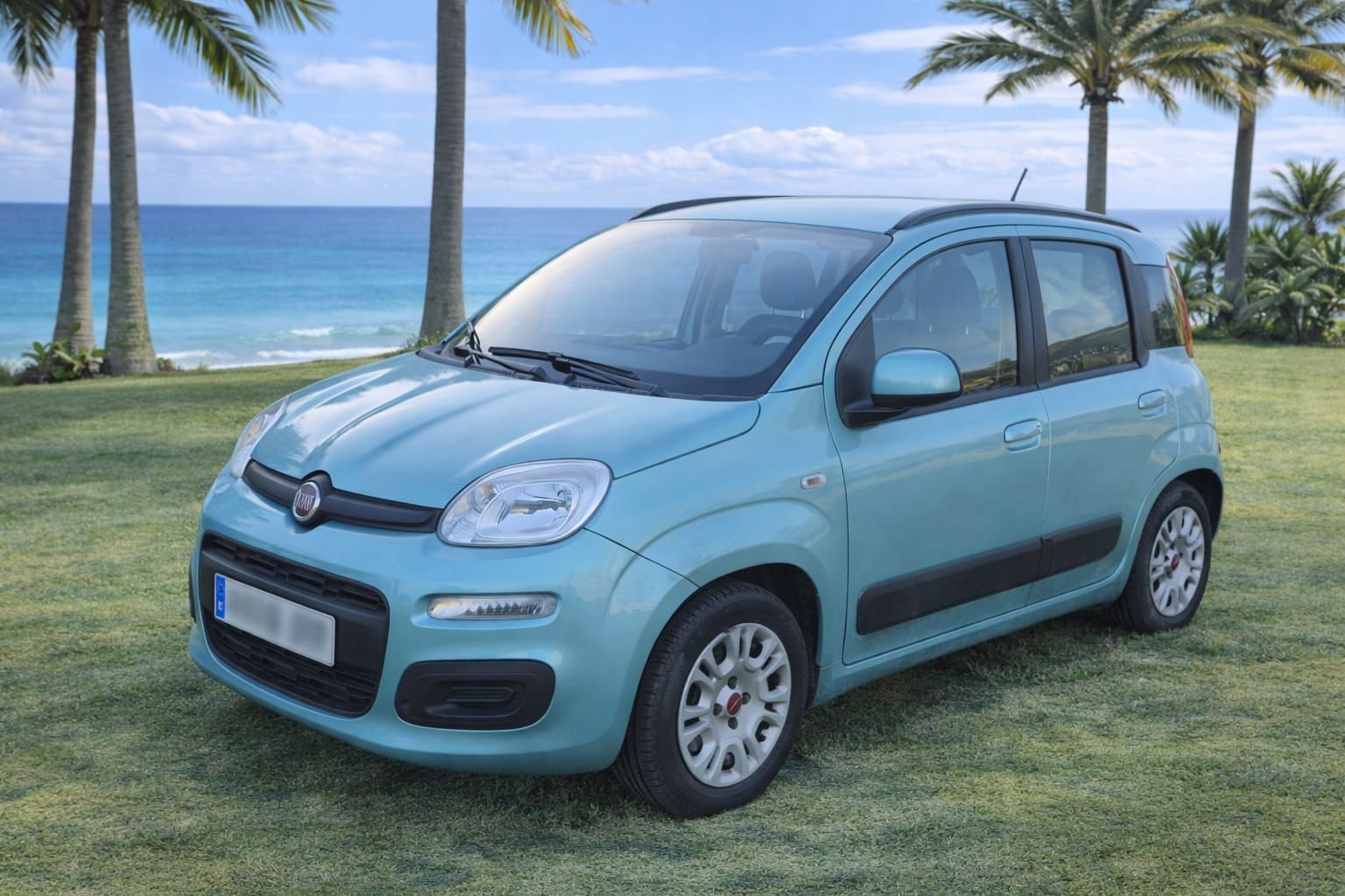 Un Fiat Panda azul claro aparcado en un césped con palmeras y el océano al fondo.