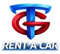 Un logotipo 3D azul y rojo con las letras T y G entrelazadas, sobre el texto azul "RENT A CAR".