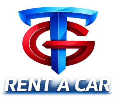Un logotipo 3D azul y rojo con las letras T y G entrelazadas, sobre el texto azul "RENT A CAR".