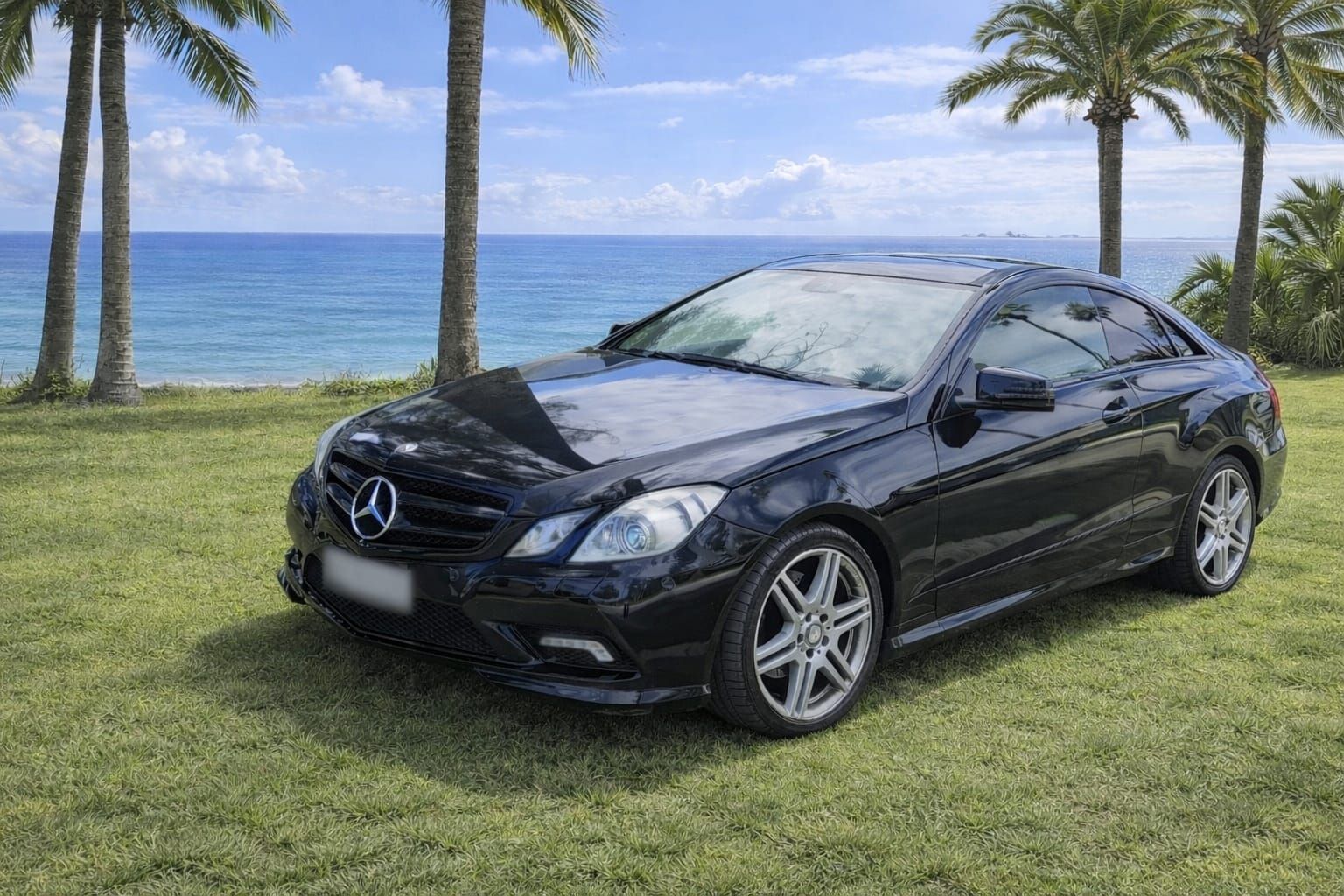 Un cupé Mercedes-Benz negro estacionado en un césped con vistas al océano y palmeras al fondo.