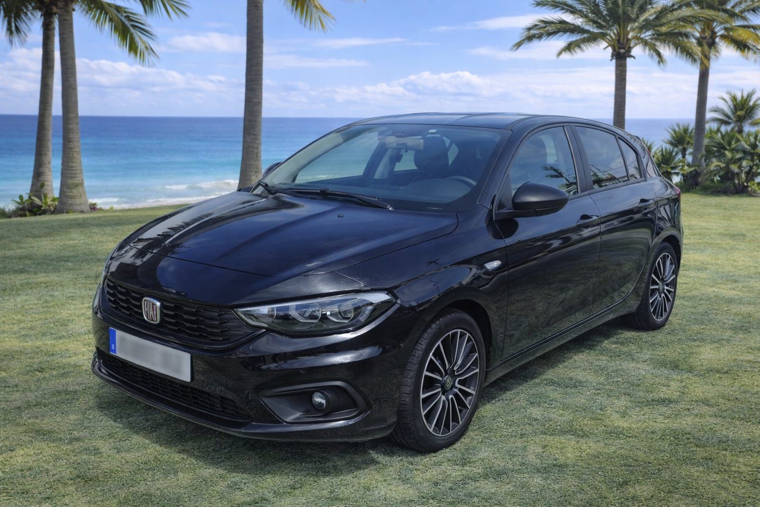 Un Fiat Tipo hatchback negro estacionado en un césped con palmeras y una soleada vista al océano al fondo.