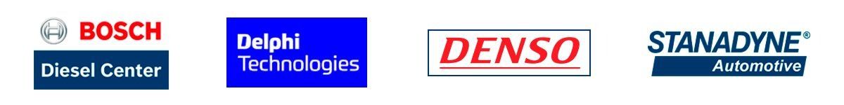 Los logotipos de Bosch, Delphi y Denso se muestran sobre un fondo blanco.