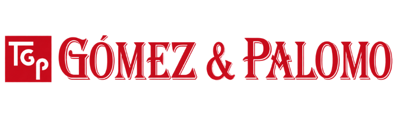 Logotipo rojo de &ldquo;G&oacute;mez & Palomo&rdquo; con una peque&ntilde;a marca blanca &ldquo;TG&rdquo; a la izquierda.