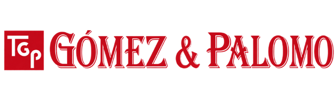 Logotipo rojo de “Gómez & Palomo” con una pequeña marca blanca “TG” a la izquierda.