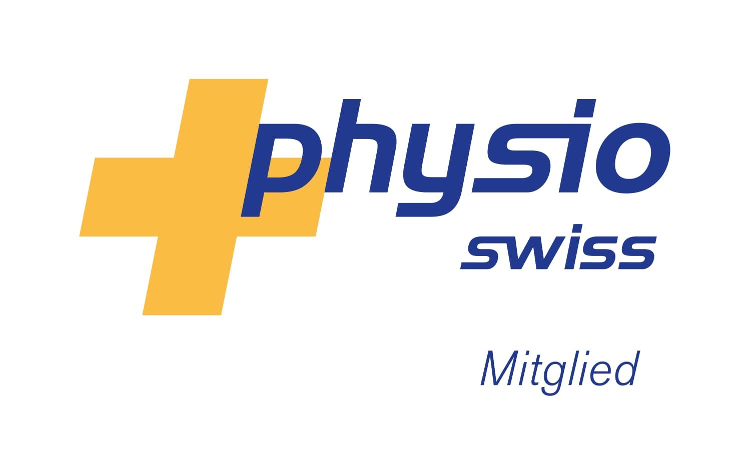 Ein Logo für Physio Swiss mit einem gelben Kreuz auf weissem Hintergrund.