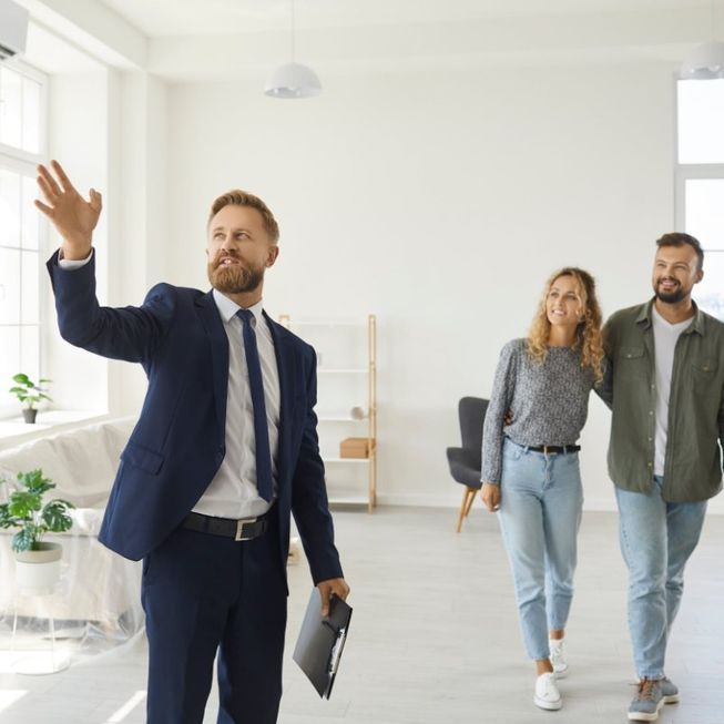Un home amb vestit i corbata camina amb dues persones més per una sala d'estar.