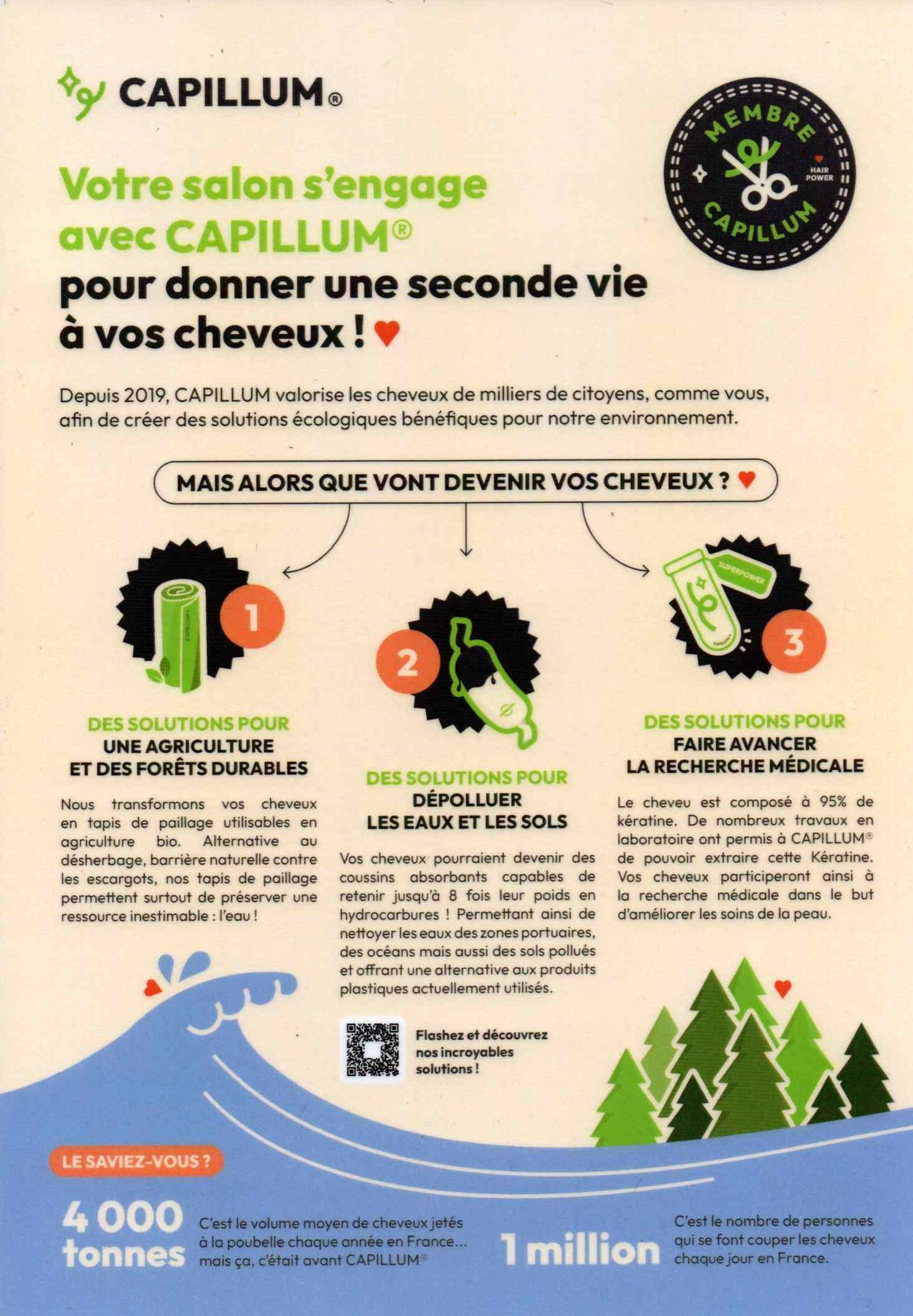 Infographie Capillum présentant trois solutions écologiques issues du recyclage des cheveux