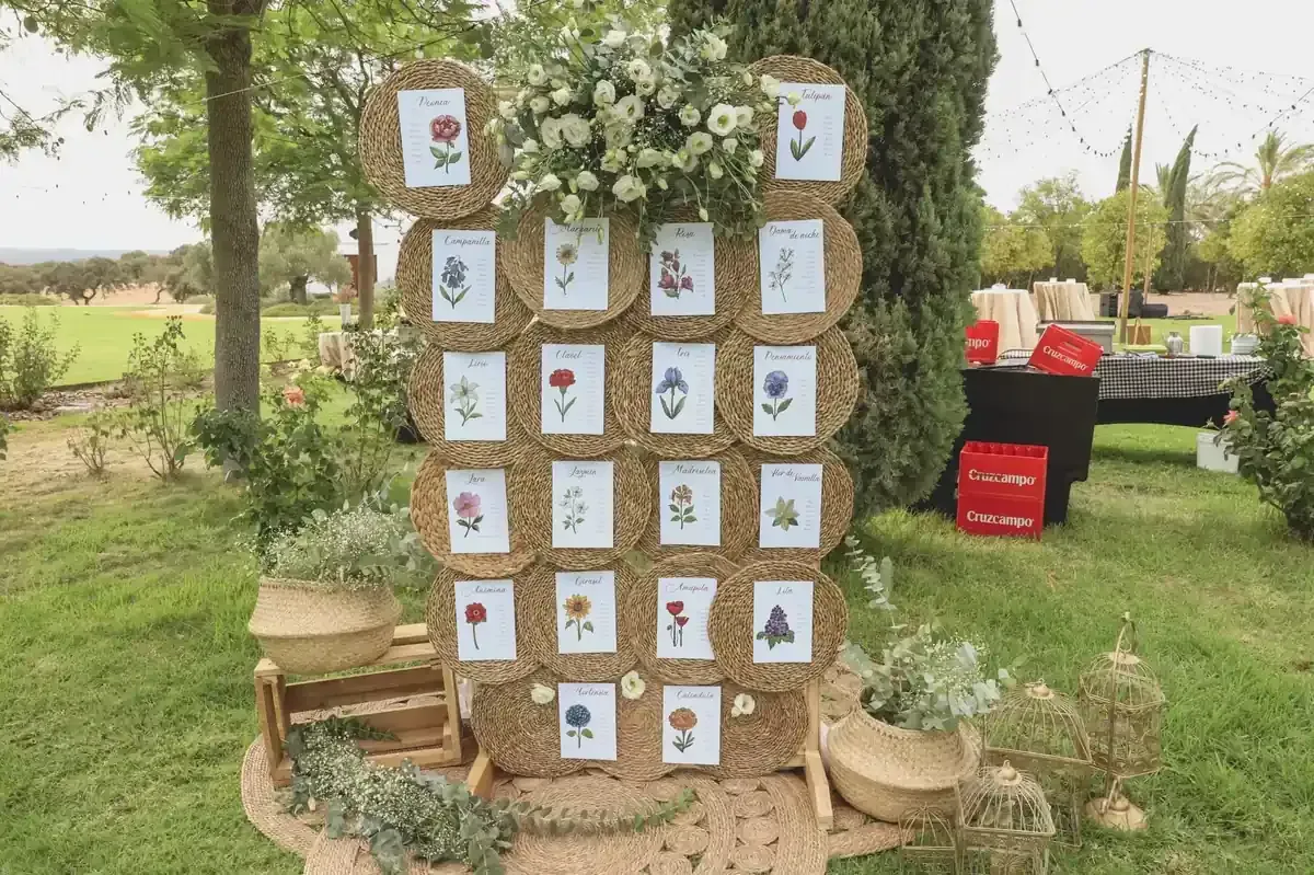 Exposición al aire libre de pequeñas tarjetas artísticas clavadas en un árbol frondoso