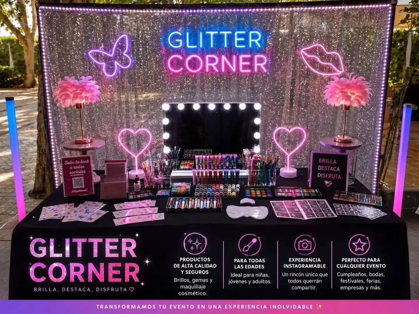 Stand de exhibición Glitter Corner con letreros de neón rosa, productos de maquillaje y fondo negro brillante.
