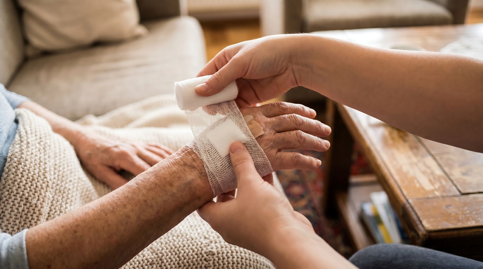Une personne enroulant un bandage autour du poignet d'une autre personne sur un canapé dans un salon