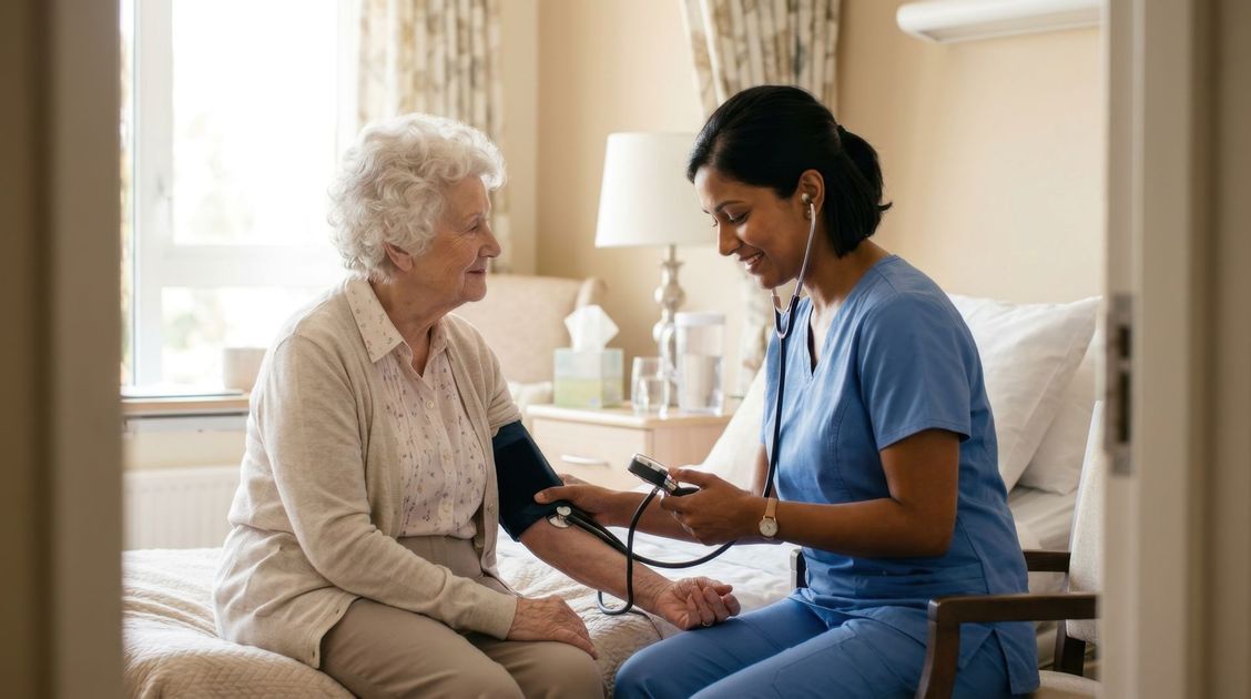 Une infirmière prend la tension artérielle d'un patient âgé dans une chambre lumineuse.