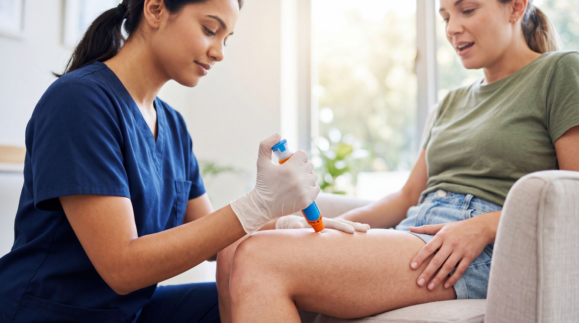 Une soignante prélève une goutte de sang avec un glucomètre sur la cuisse d'une patiente.