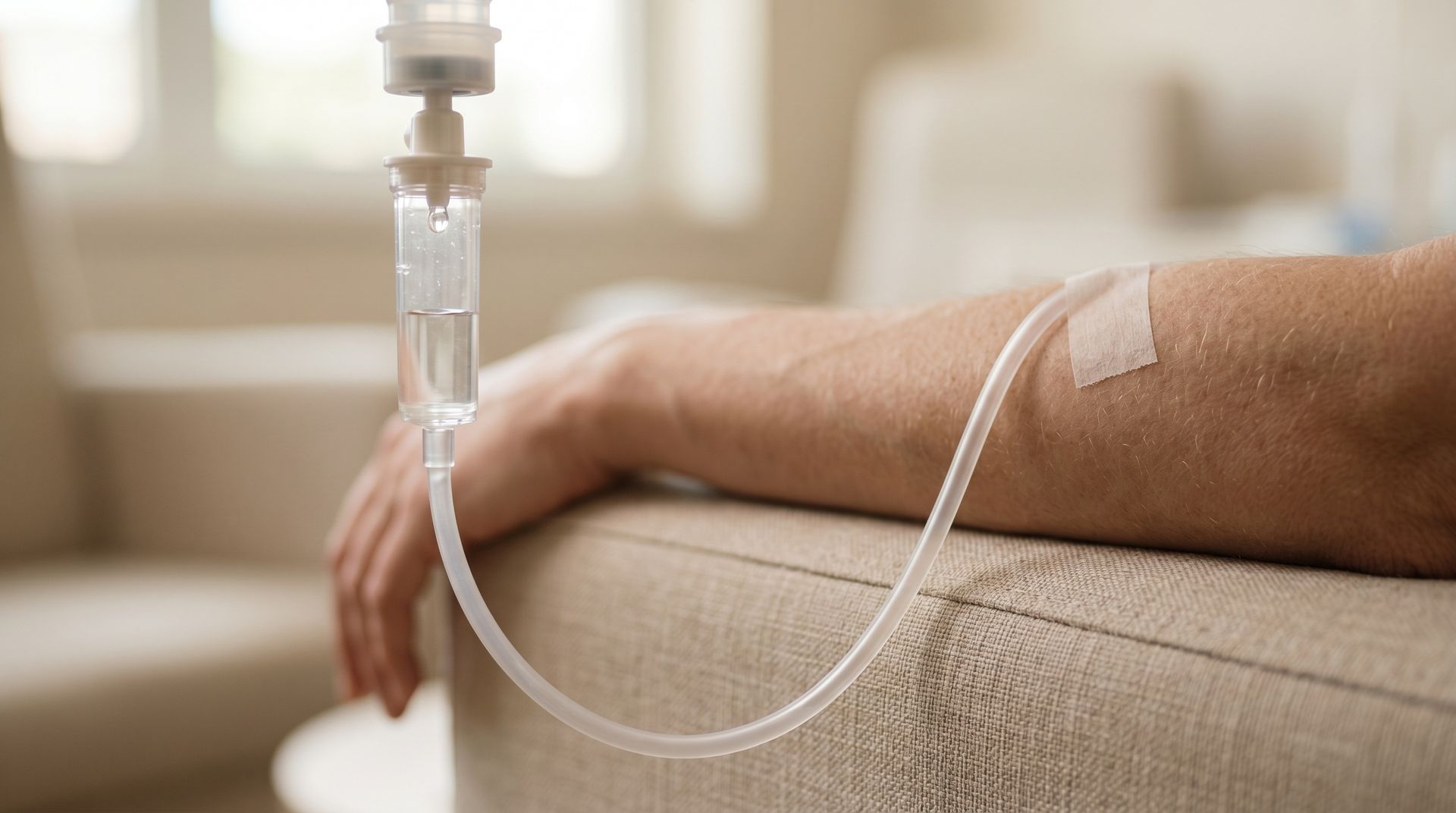 Le bras du patient repose sur un canapé, une perfusion intraveineuse étant branchée à proximité.