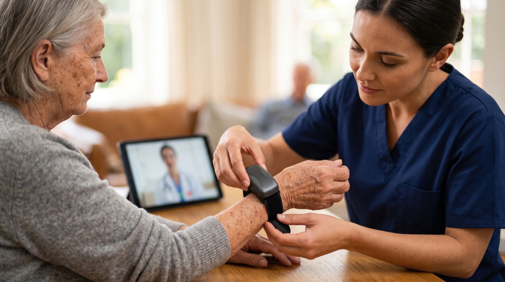 Une infirmière aide un patient âgé à régler sa montre connectée pendant qu'un appel vidéo se déroule sur une tablette à proximité.