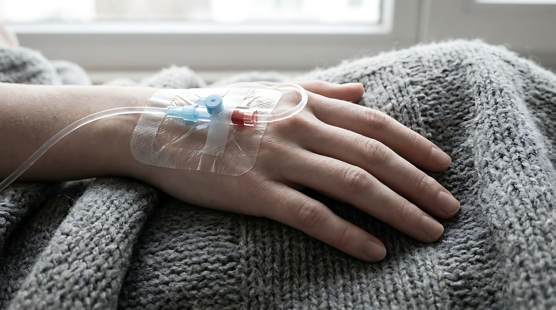 Main avec canule intraveineuse posée sur une couverture grise près d'une fenêtre lumineuse