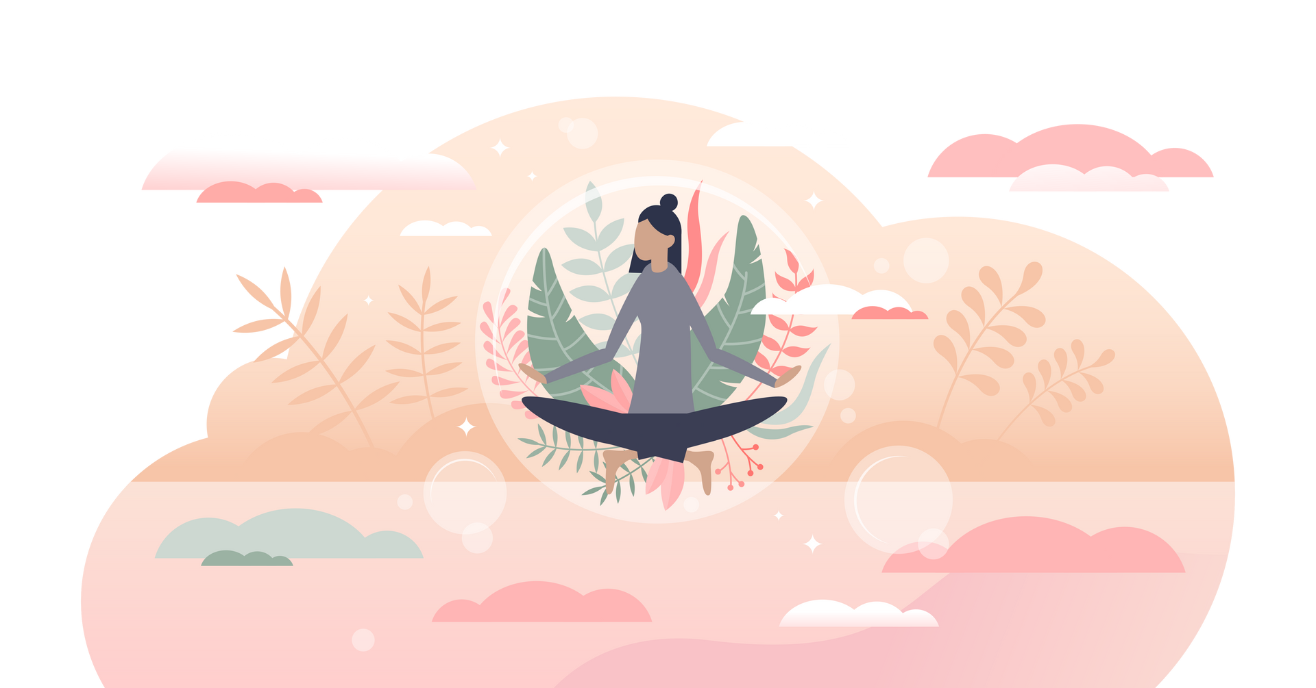 Illustration d'une femme en pleine relaxation dans une bulle