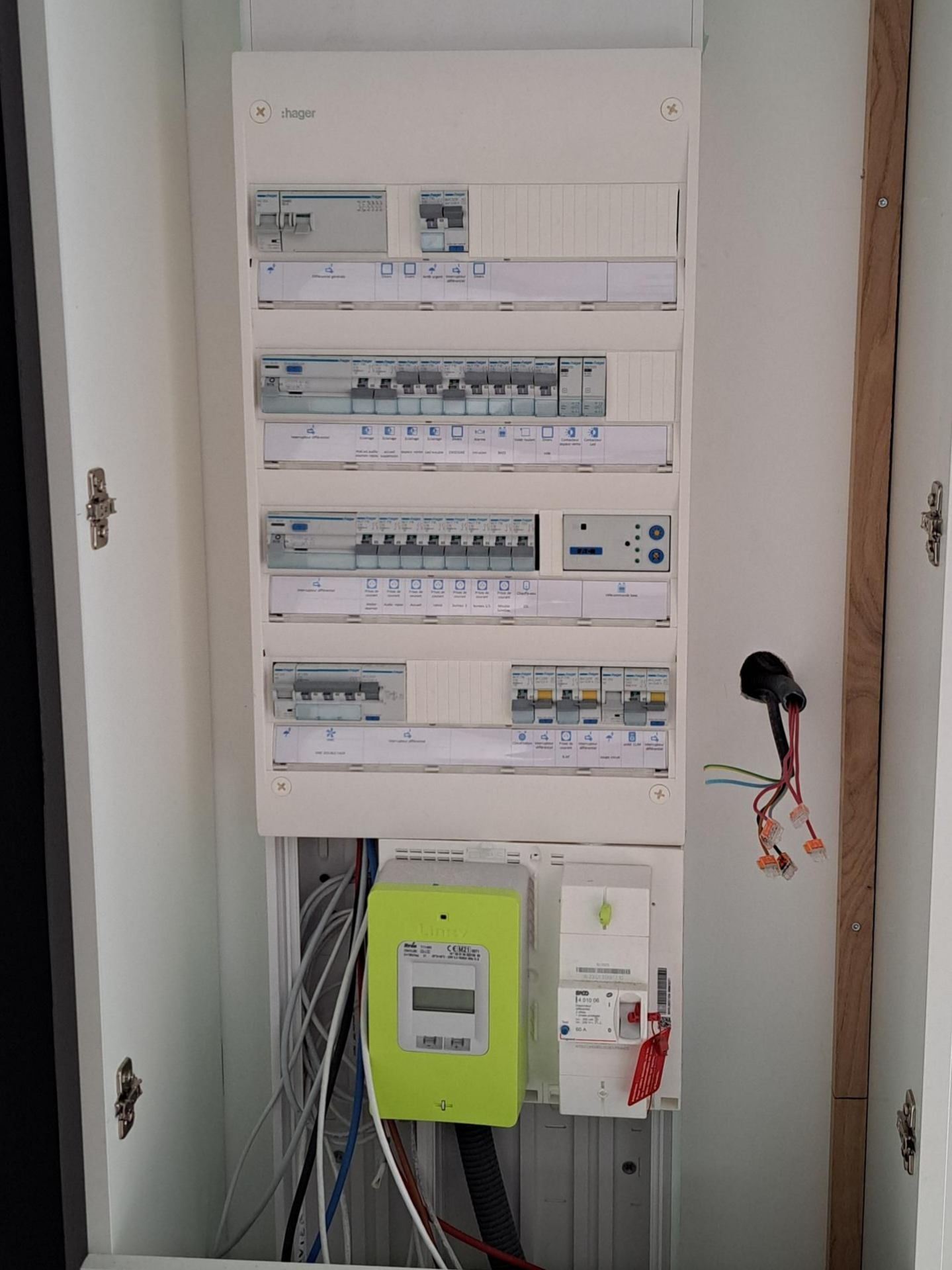 Tableau électrique blanc comportant plusieurs rangées de disjoncteurs et de compteurs.