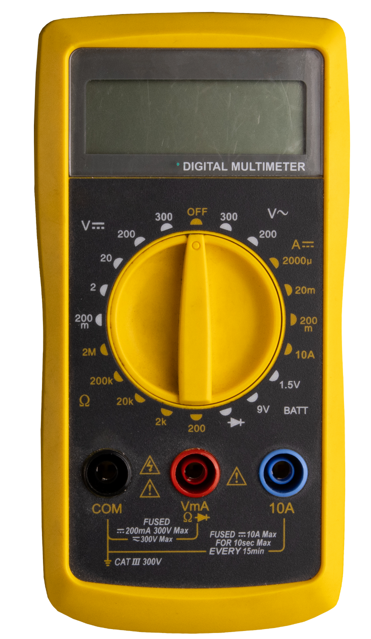 Multimètre numérique jaune et un cadran noir.