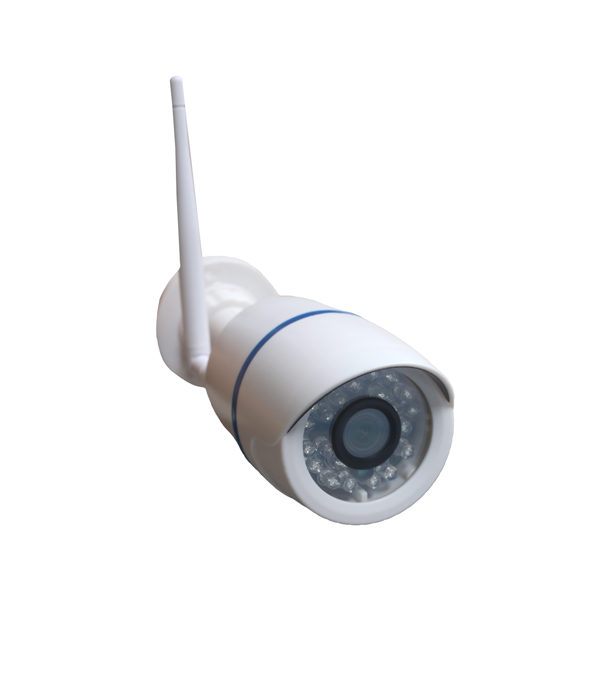 Caméra de surveillance blanche avec antenne.