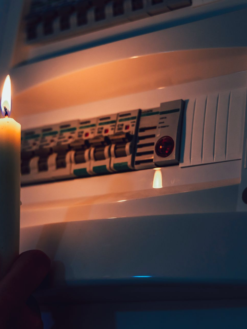Une bougie éclaire un tableau électrique.