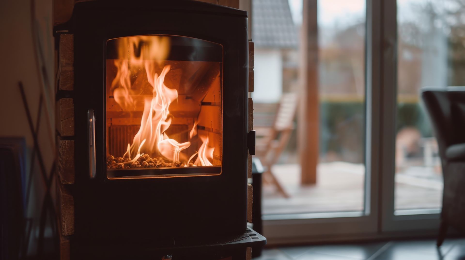 Poêle à bois avec des flammes brûlant à l'intérieur, près d'une fenêtre donnant sur le patio.