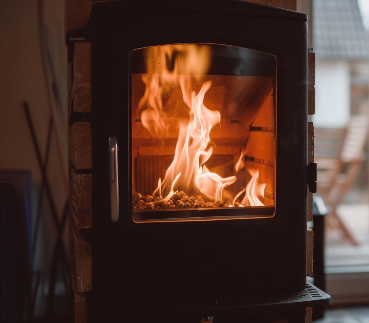 Poêle à bois noir aux flammes vives brûlant à l'intérieur, vu dans un cadre intérieur chaleureux.