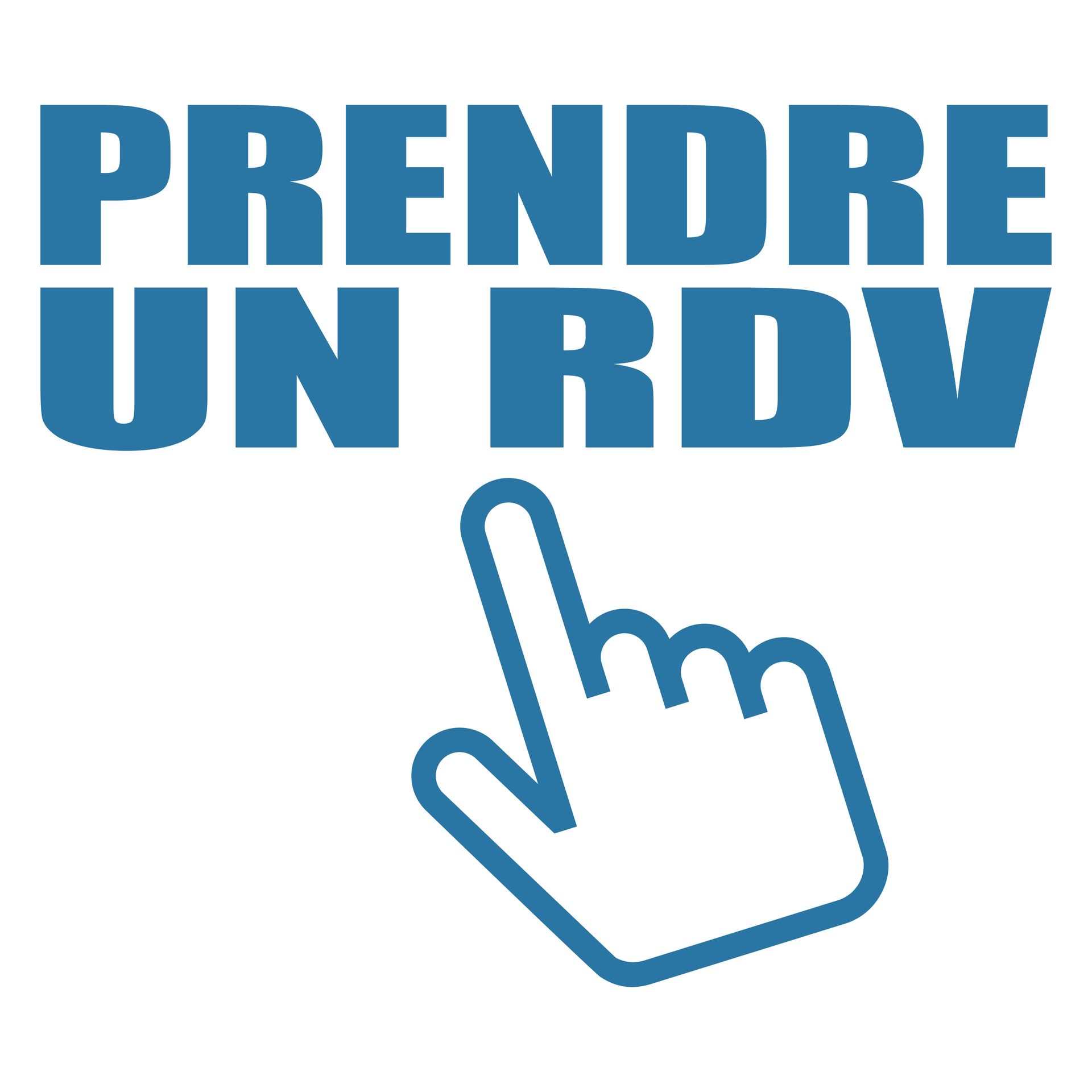 Texte bleu PRENDRE UN RDV avec une icône de main pointant vers le haut.