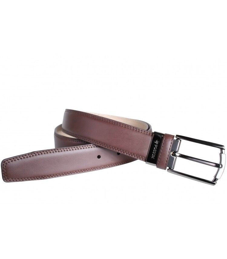 Cinturón de piel marrón con hebilla plateada.