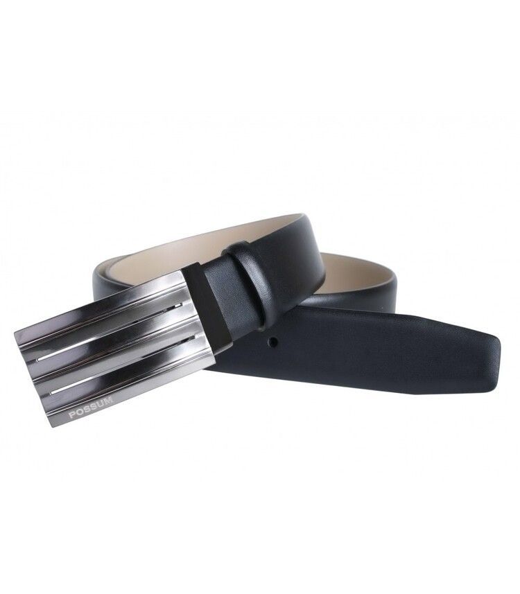 Cinturón de piel negro con hebilla plateada.