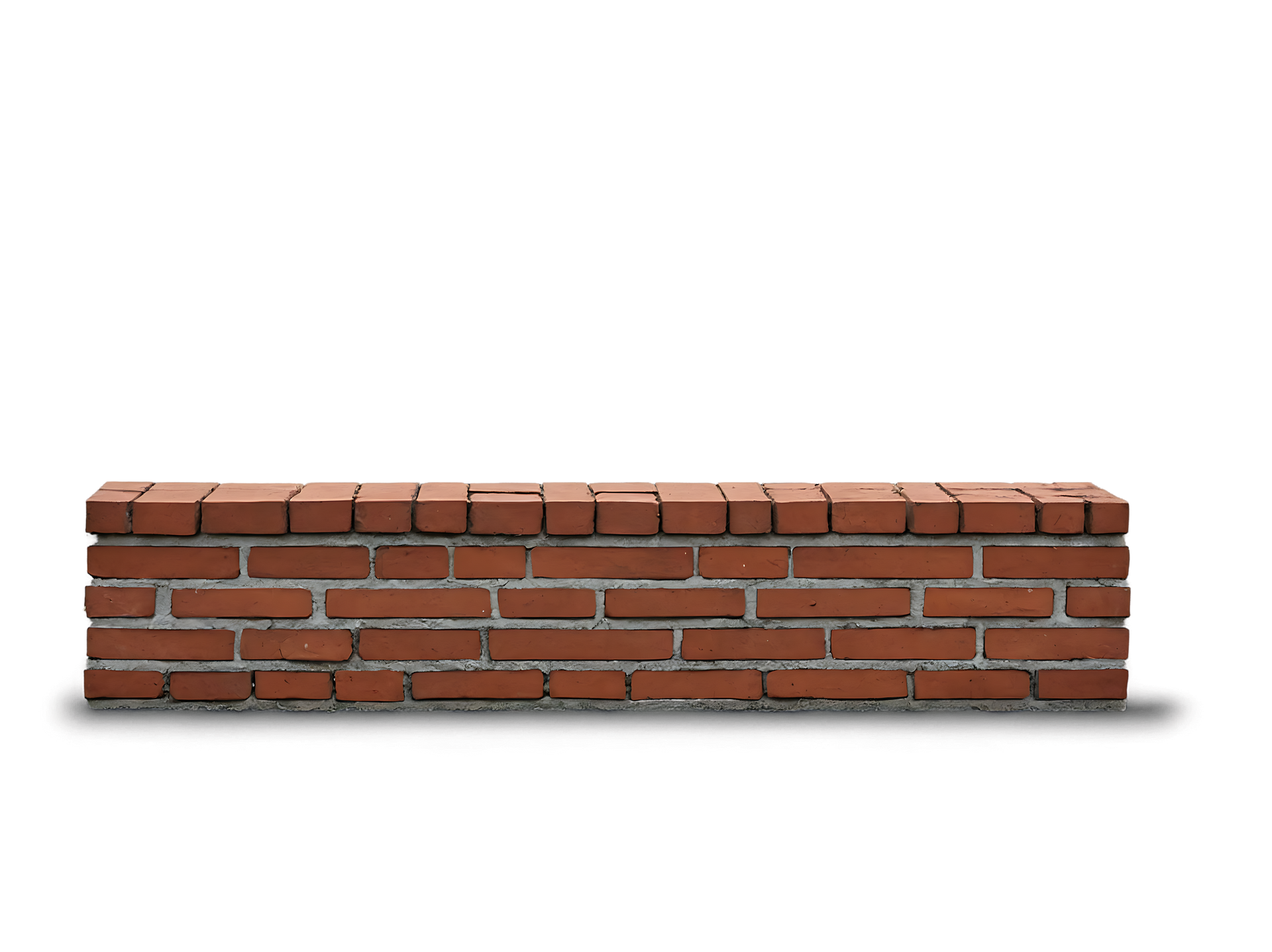 Muret en briques rouges et mortier blanc, isolé sur fond blanc.
