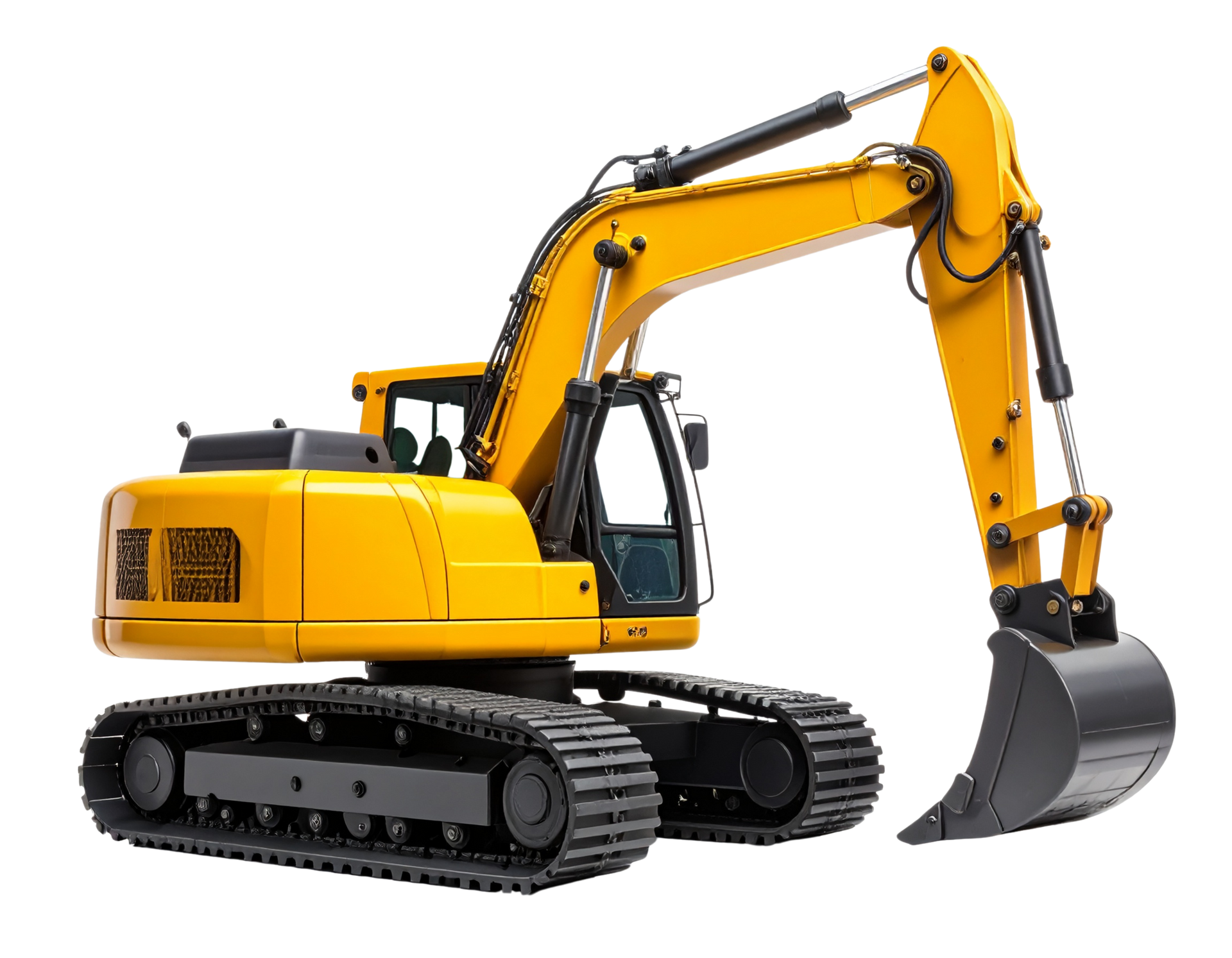 Excavatrice jaune avec un godet noir.