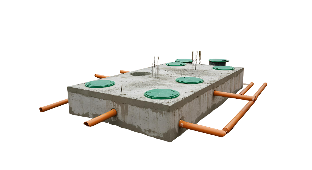 Fosse septique en béton avec couvercles d'accès verts et tuyaux orange.