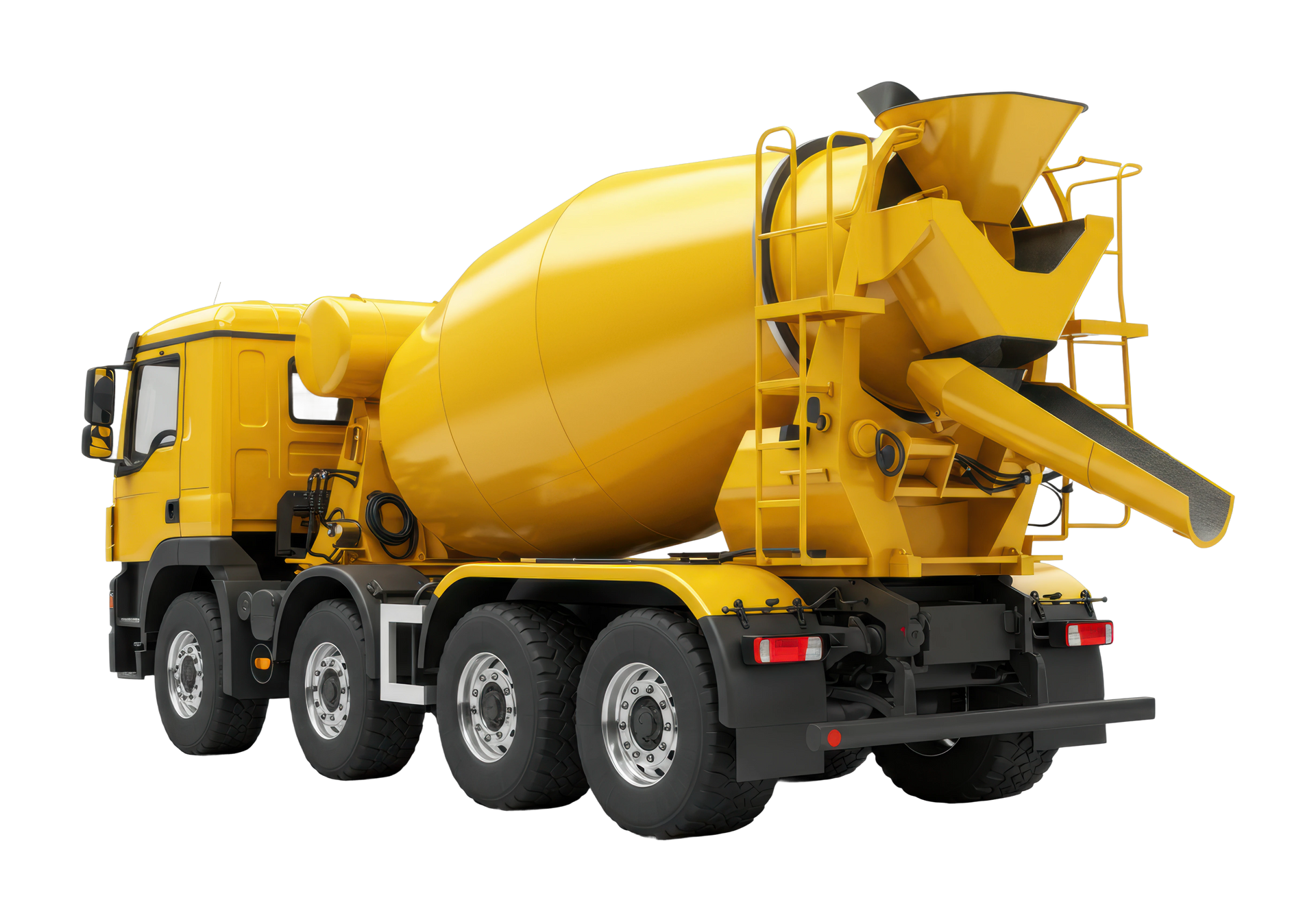 Camion malaxeur à béton jaune.