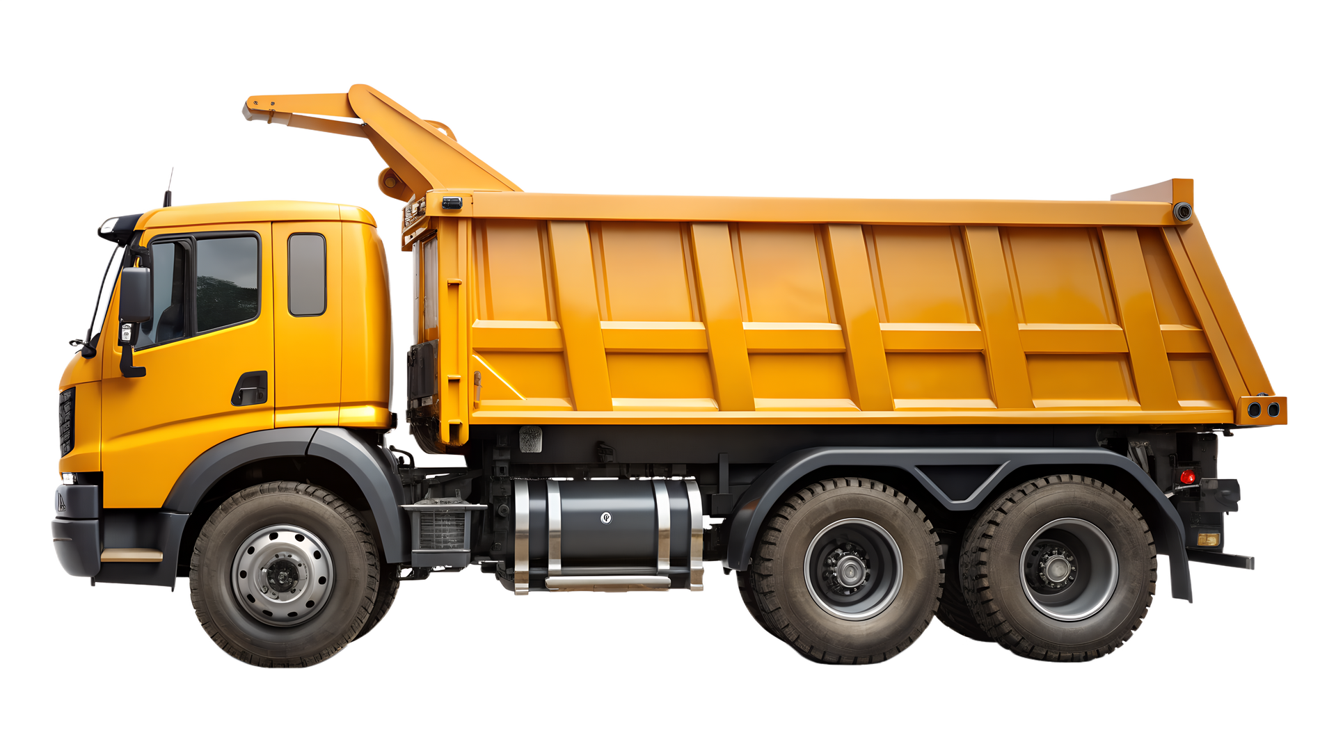 Camion à benne jaune.