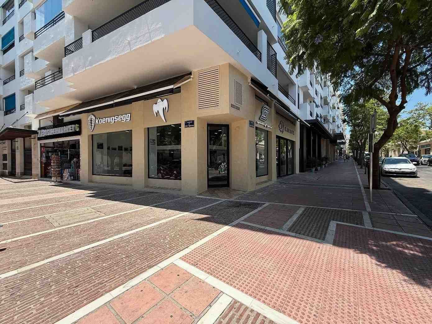 Esquina de la calle con una tienda moderna, acera y árboles que bordean la carretera.