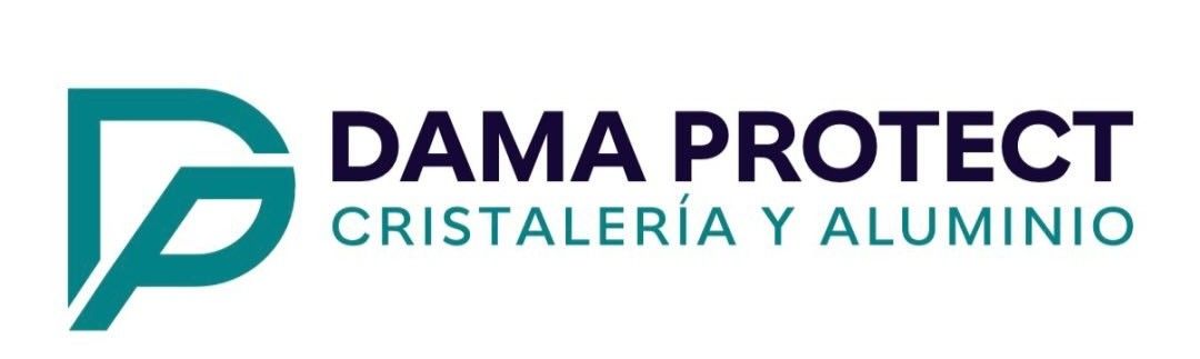 Logotipo de DAMA PROTECT con icono “P” de color turquesa y texto “CRISTALERIA Y ALUMINIO” sobre fondo blanco.